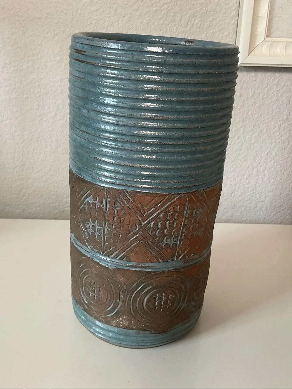 Textured Blue and Brown Decorative Ceramic Vase, made in Cameroon